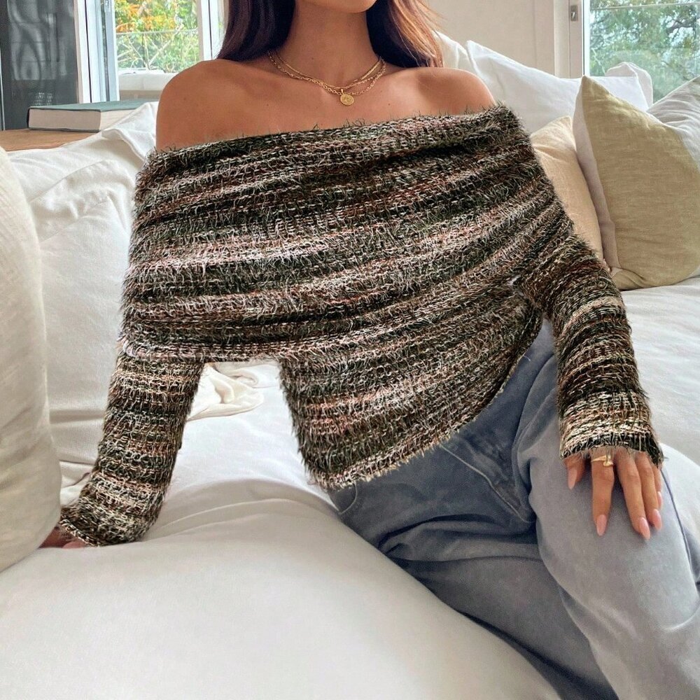 Multicolor Casual Women's Sexy Off Shoulder Ruched Knit T-Shirt - Picture 3 of 7